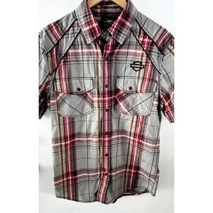 Men’s Harley-Davidson Piping Accent B&S Logo Red Grey Plaid Button Up Shirt M